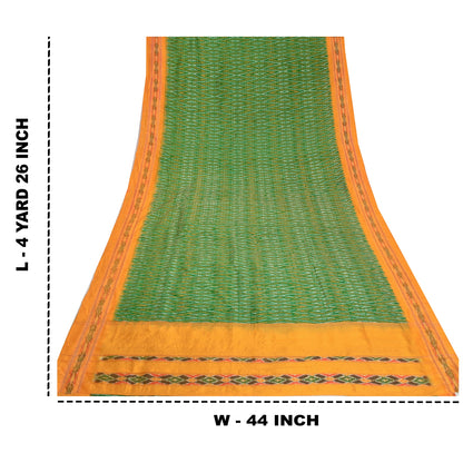 Sanskriti Vintage Saree Green Sambhalpuri Hand Woven Ikat Pure Silk Sari Fabric
