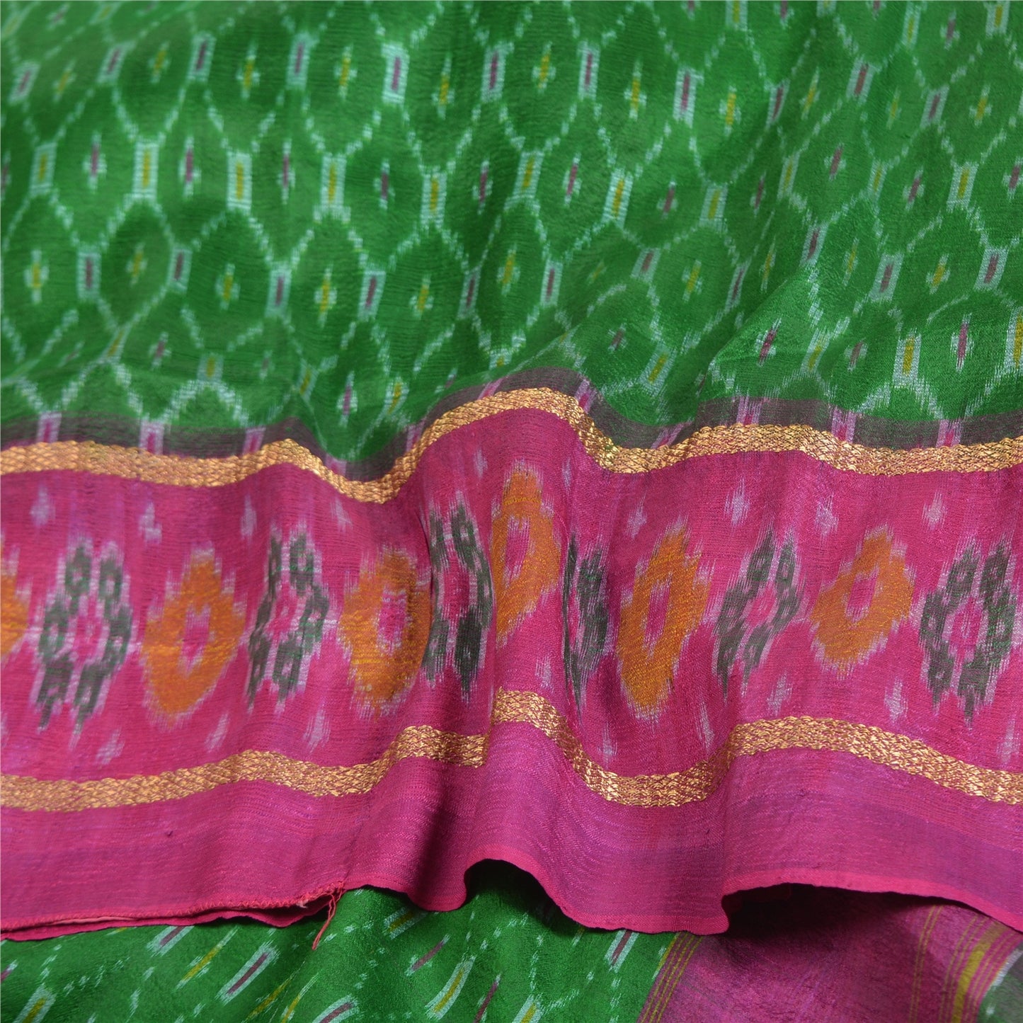 Sanskriti Vintage Saree Green Sambhalpuri Hand Woven Ikat Pure Silk Sari Odisha