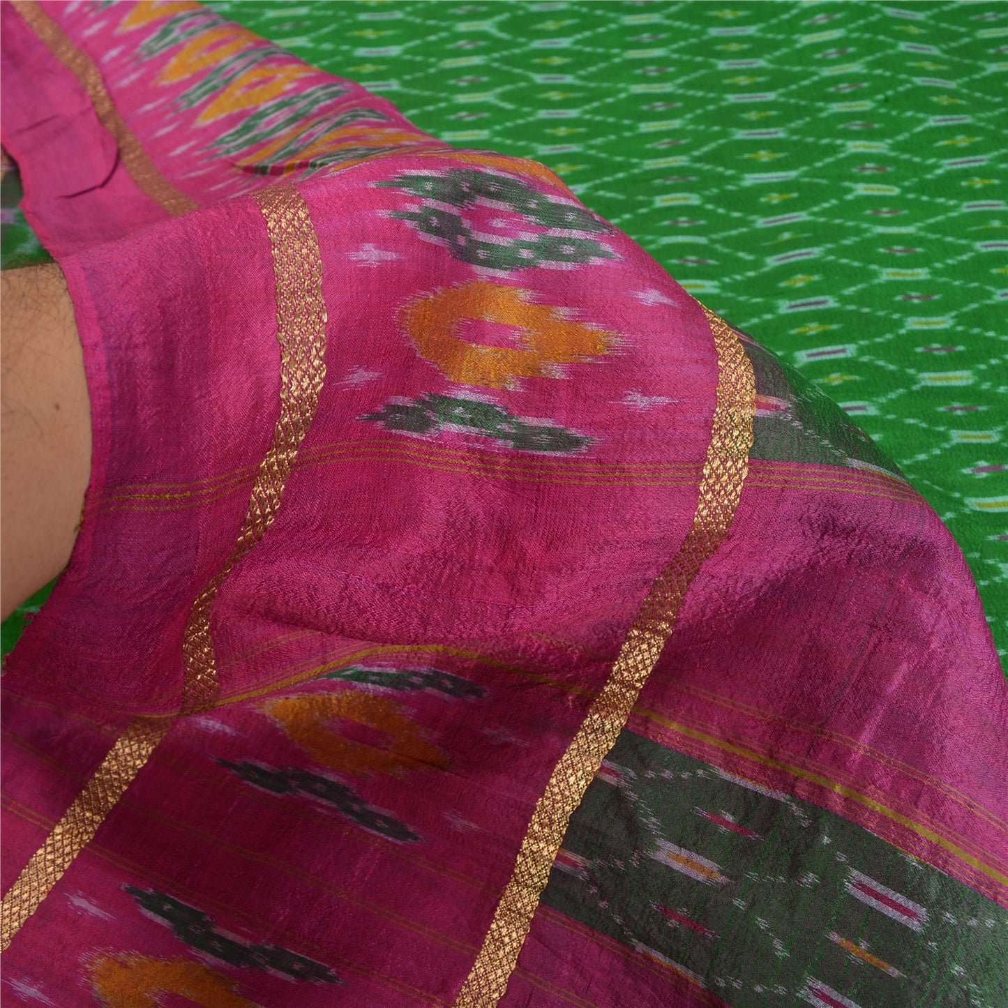 Sanskriti Vintage Saree Green Sambhalpuri Hand Woven Ikat Pure Silk Sari Odisha