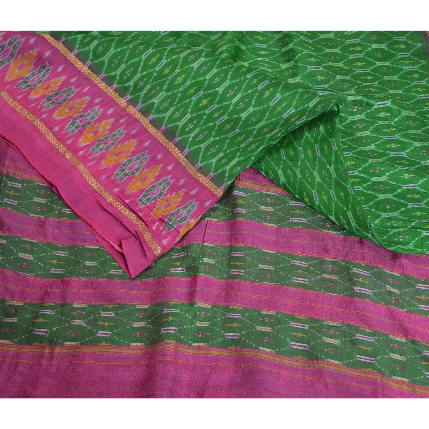 Sanskriti Vintage Saree Green Sambhalpuri Hand Woven Ikat Pure Silk Sari Odisha