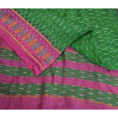 Sanskriti Vintage Saree Green Sambhalpuri Hand Woven Ikat Pure Silk Sari Odisha