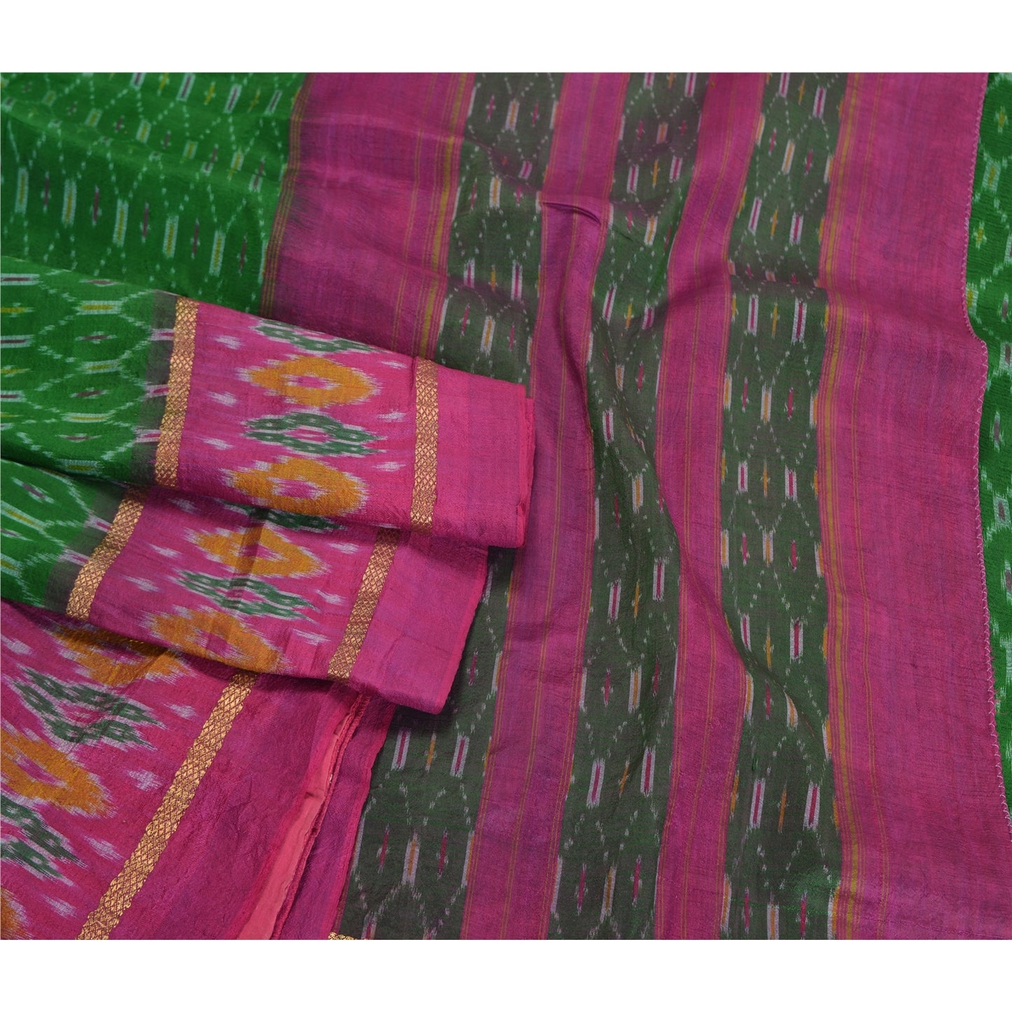 Sanskriti Vintage Saree Green Sambhalpuri Hand Woven Ikat Pure Silk Sari Odisha
