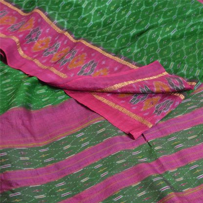 Sanskriti Vintage Saree Green Sambhalpuri Hand Woven Ikat Pure Silk Sari Odisha