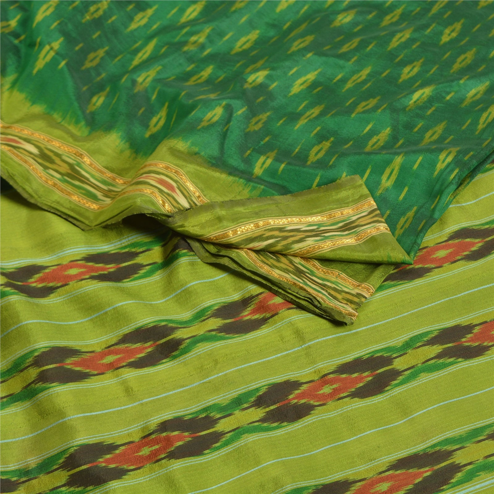 Sanskriti Vintage Saree Green Sambhalpuri Hand Woven Ikat Pure Silk Sari Fabric