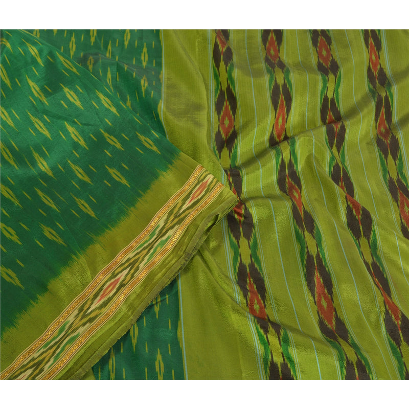Sanskriti Vintage Handwoven Sambhalpuri 100% Pure Silk Sari - Green Ikat Vintage Saree Fabric 5yd For Crafting, Upcycling, or Even Wearing