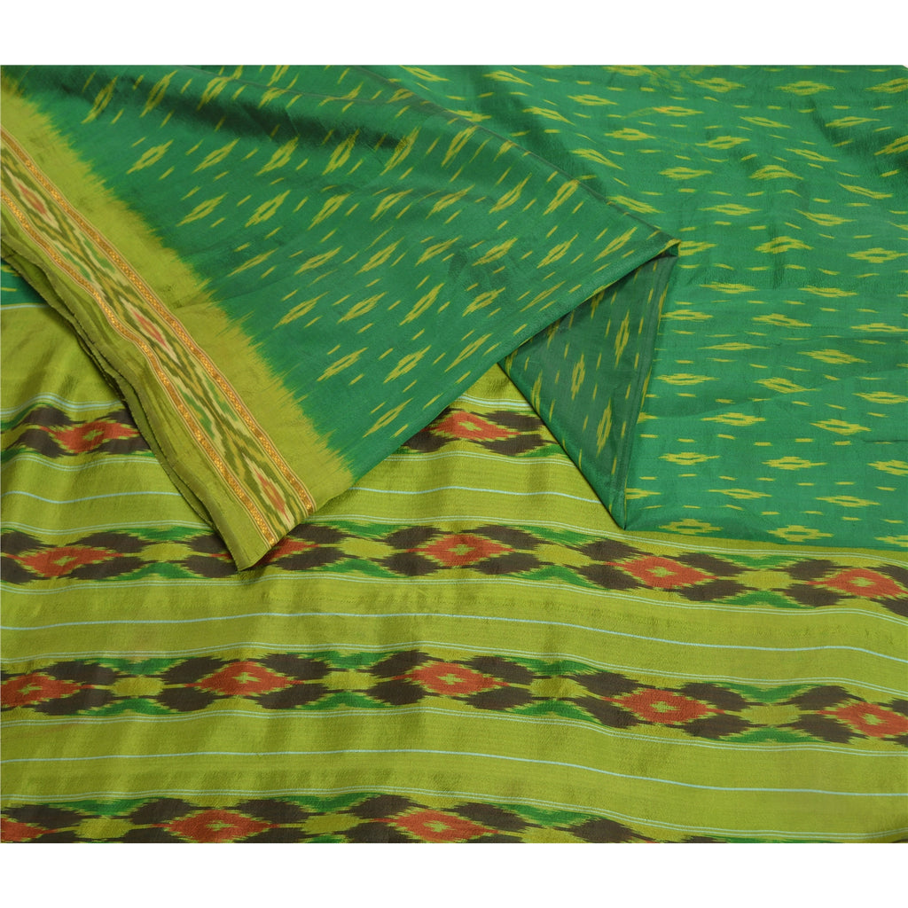 Sanskriti Vintage Saree Green Sambhalpuri Hand Woven Ikat Pure Silk Sari Fabric