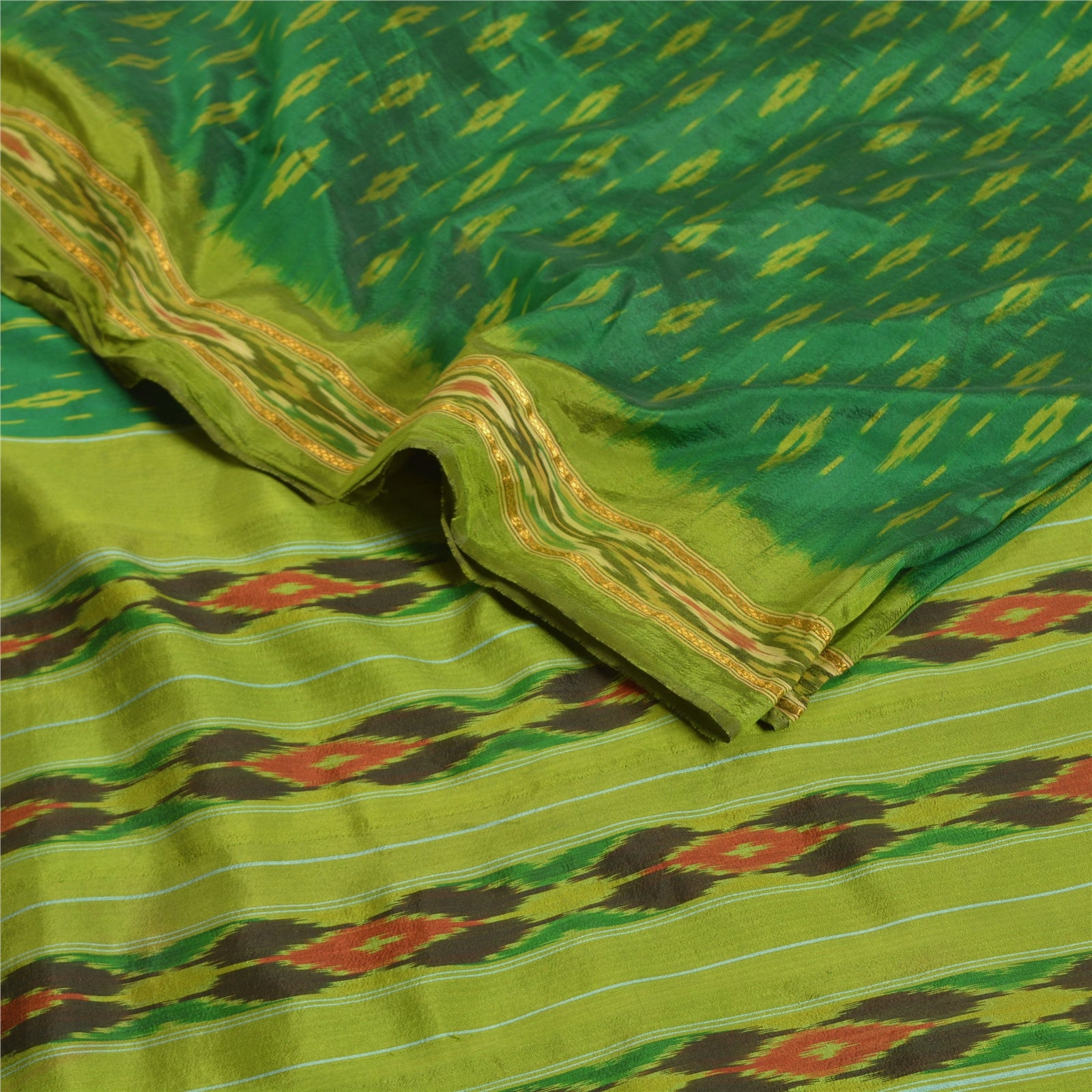 Sanskriti Vintage Saree Green Sambhalpuri Hand Woven Ikat Pure Silk Sari Fabric