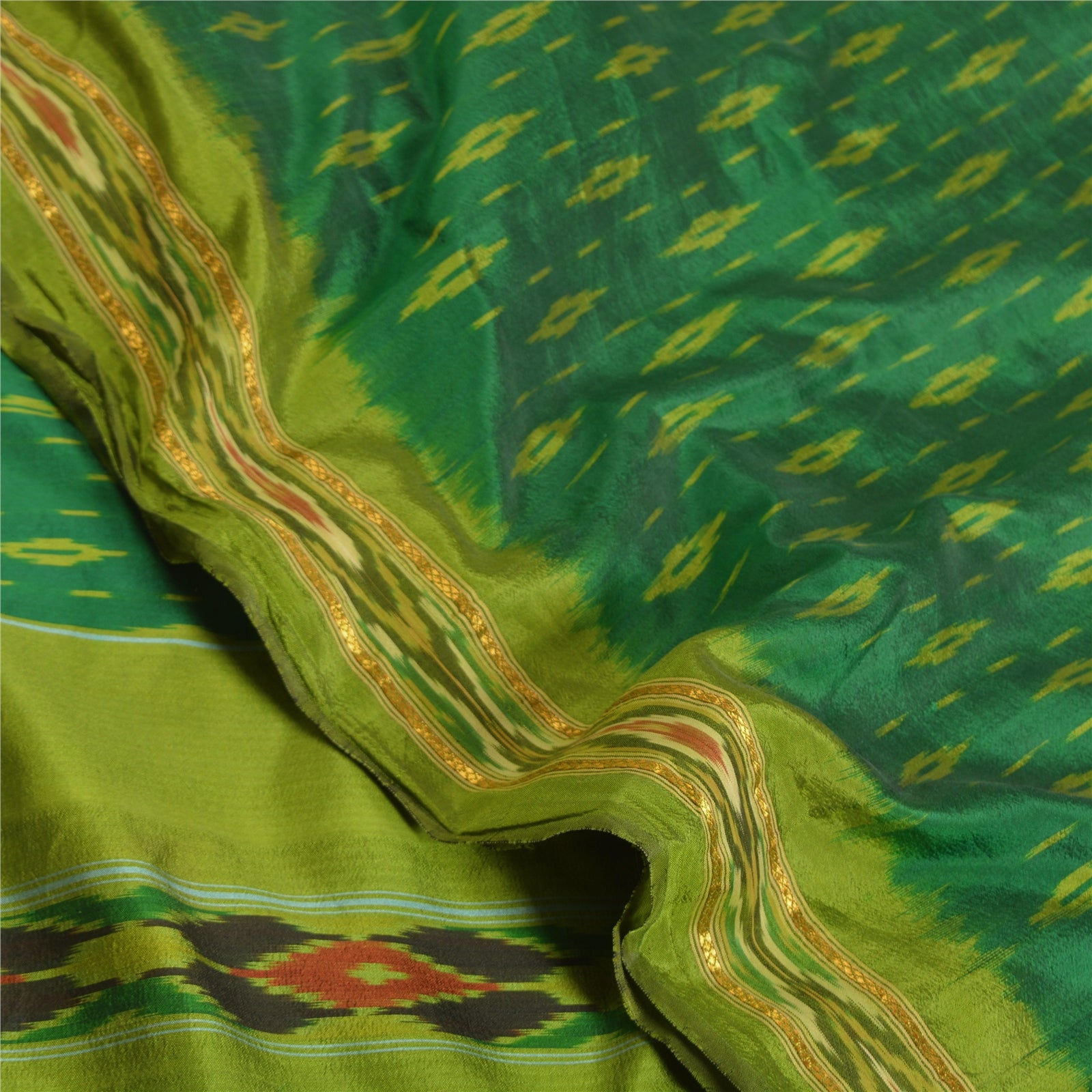 Sanskriti Vintage Saree Green Sambhalpuri Hand Woven Ikat Pure Silk Sari Fabric