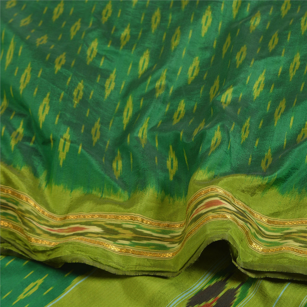 Sanskriti Vintage Saree Green Sambhalpuri Hand Woven Ikat Pure Silk Sari Fabric