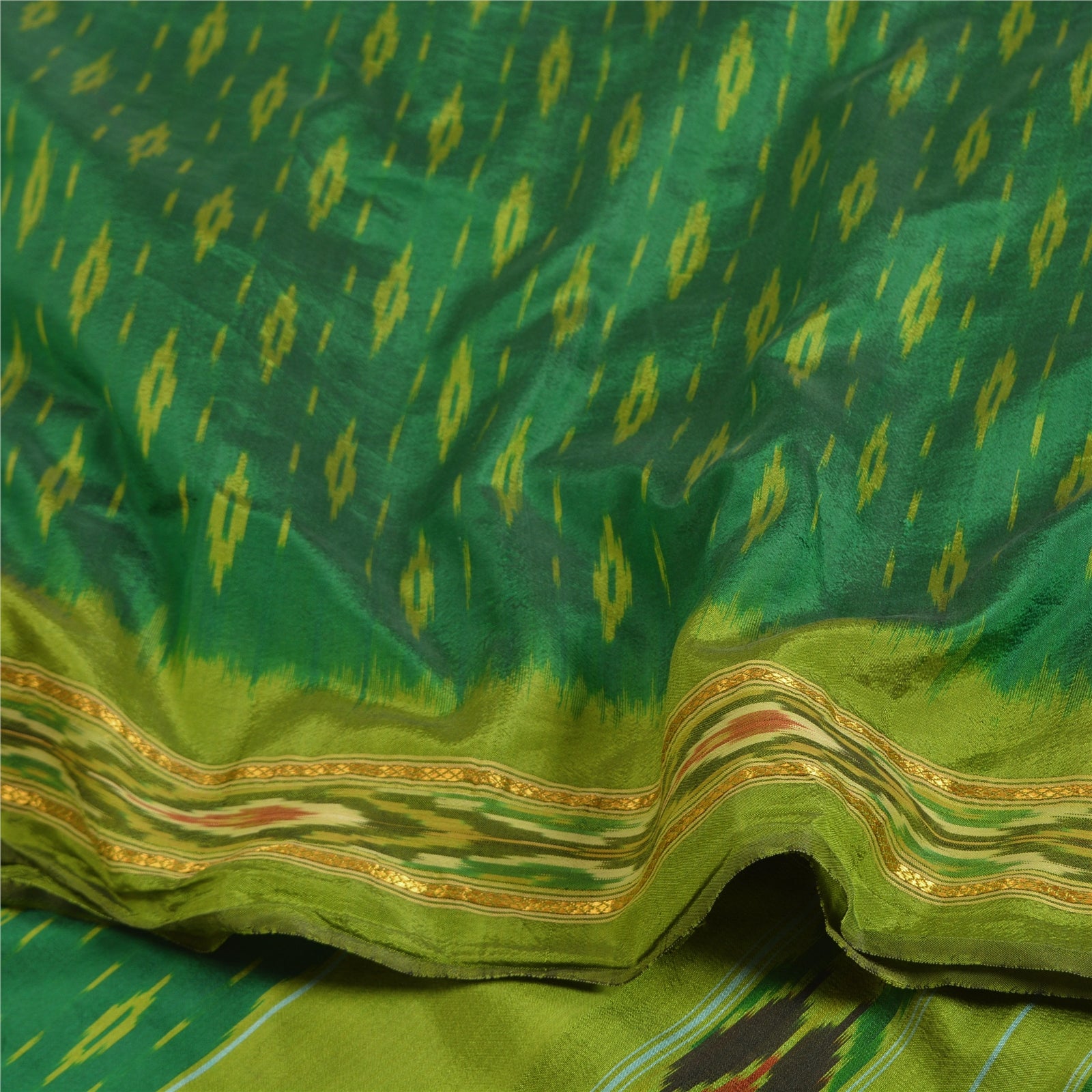 Sanskriti Vintage Saree Green Sambhalpuri Hand Woven Ikat Pure Silk Sari Fabric