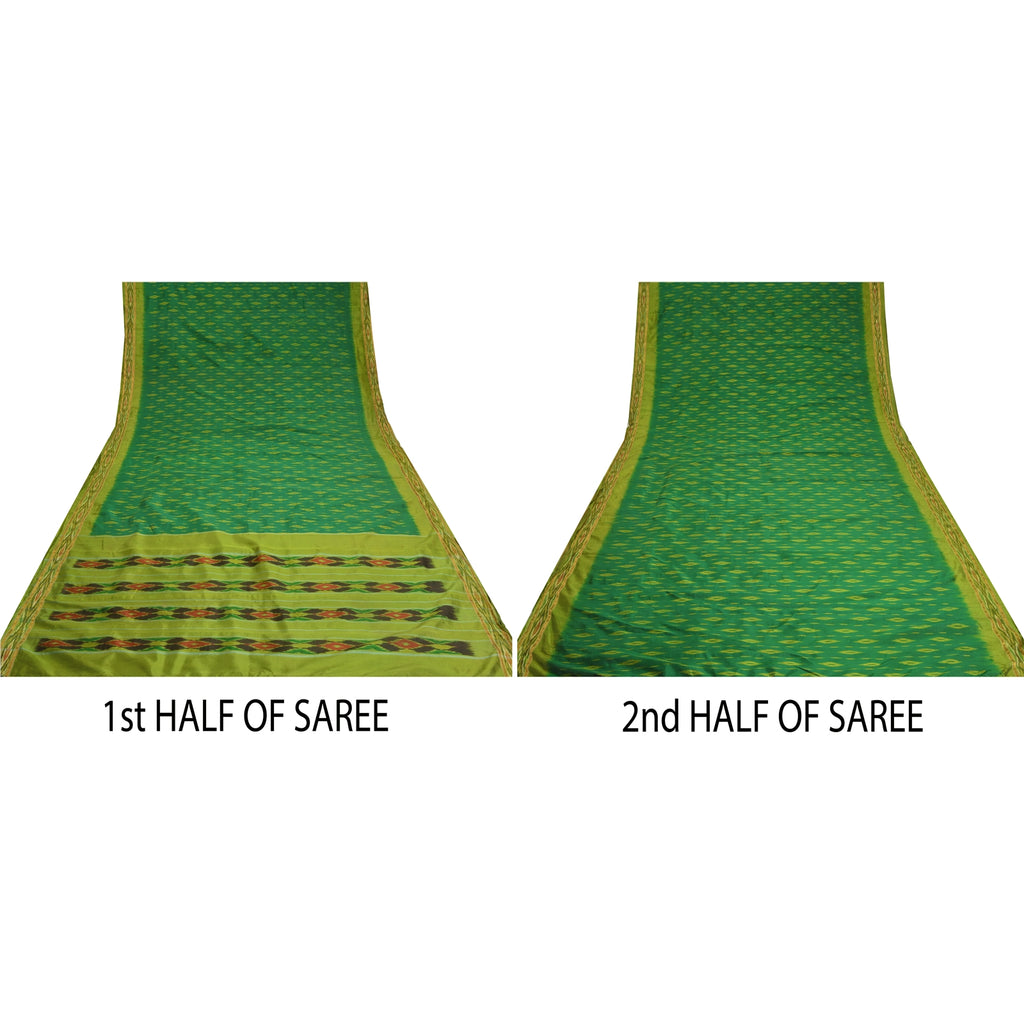 Sanskriti Vintage Saree Green Sambhalpuri Hand Woven Ikat Pure Silk Sari Fabric