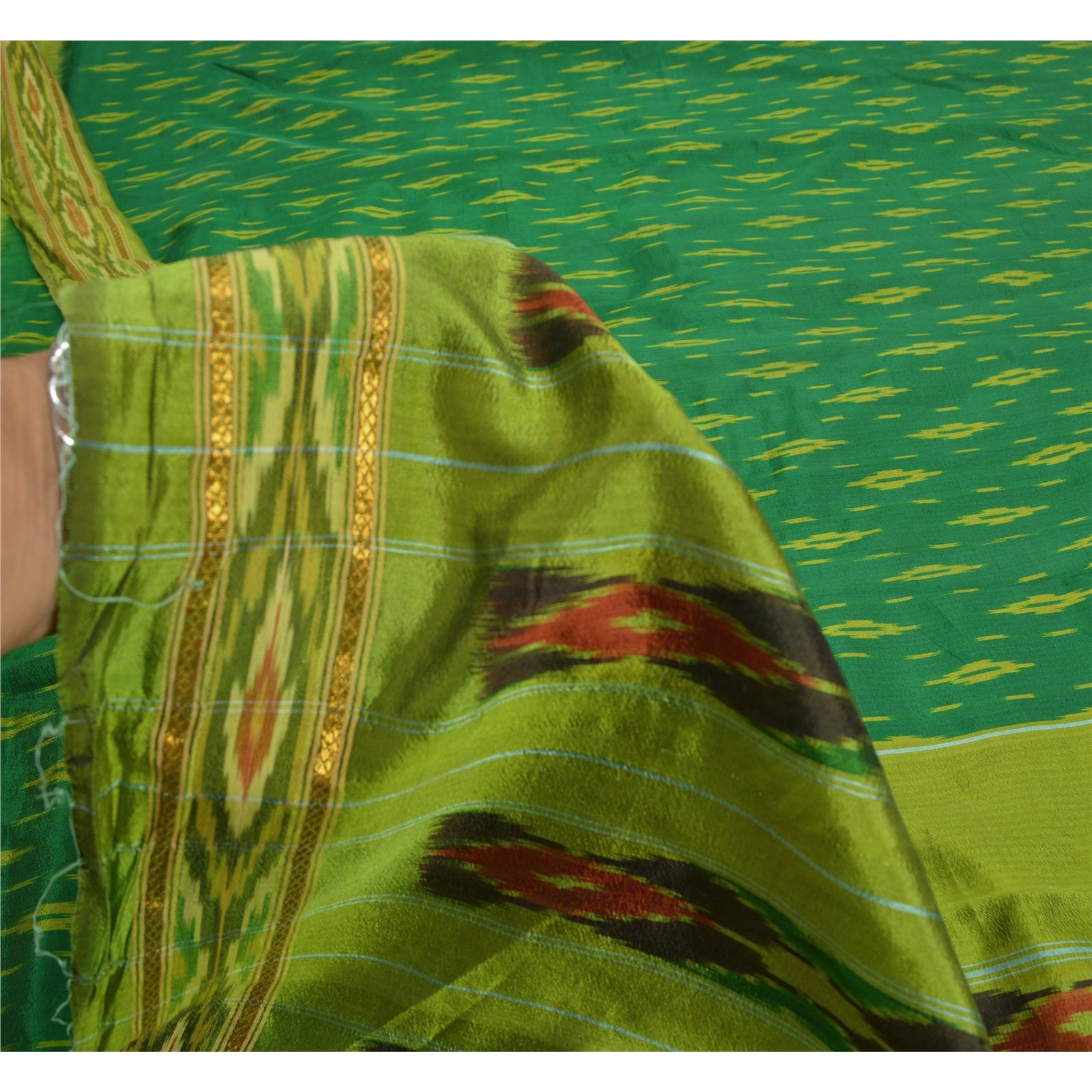 Sanskriti Vintage Saree Green Sambhalpuri Hand Woven Ikat Pure Silk Sari Fabric