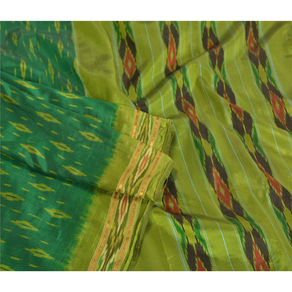 Sanskriti Vintage Saree Green Sambhalpuri Hand Woven Ikat Pure Silk Sari Fabric
