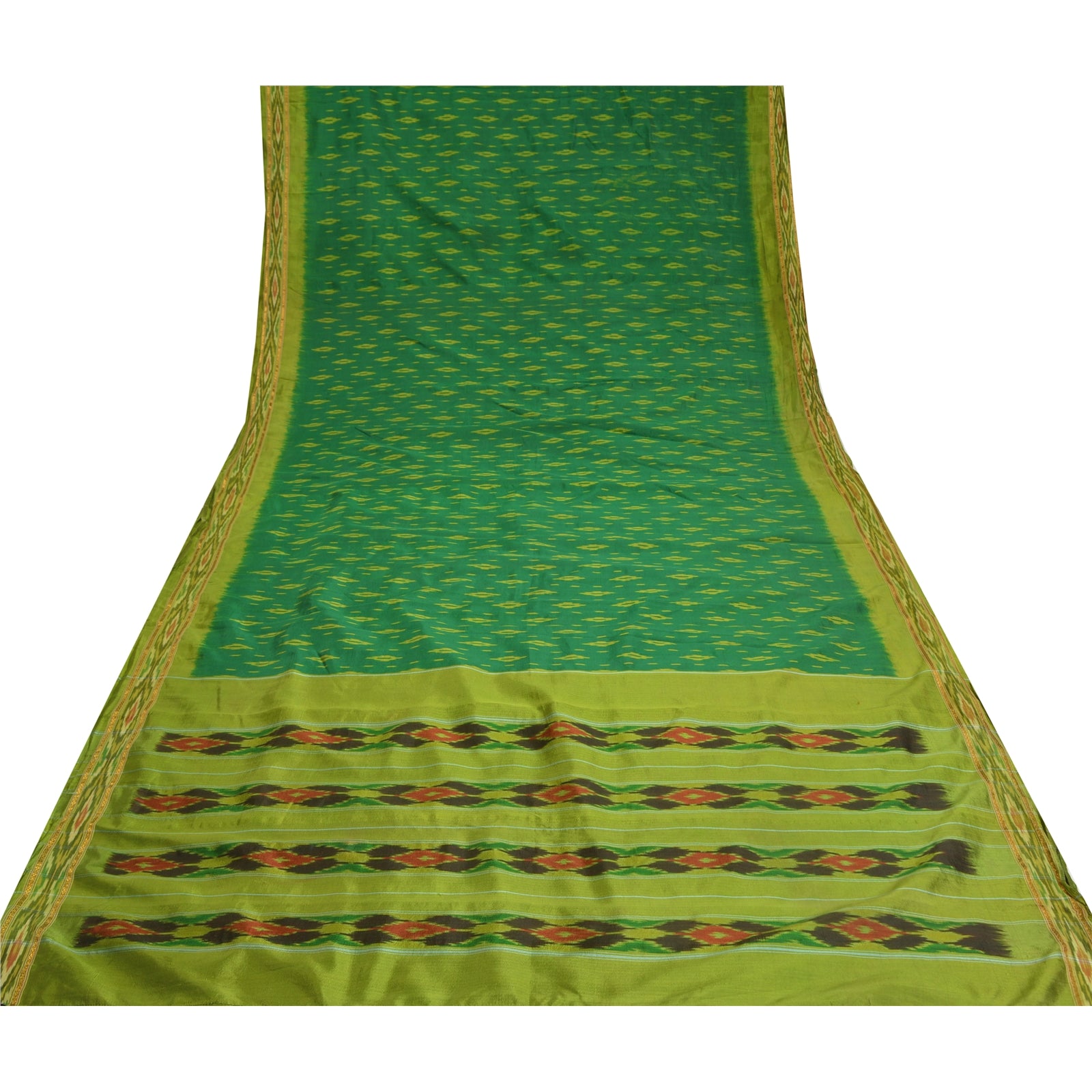 Sanskriti Vintage Saree Green Sambhalpuri Hand Woven Ikat Pure Silk Sari Fabric