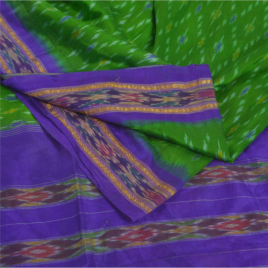 Sanskriti Vintage Green Sarees Pure Silk Woven Patola Ikat Sari Craft Fabric
