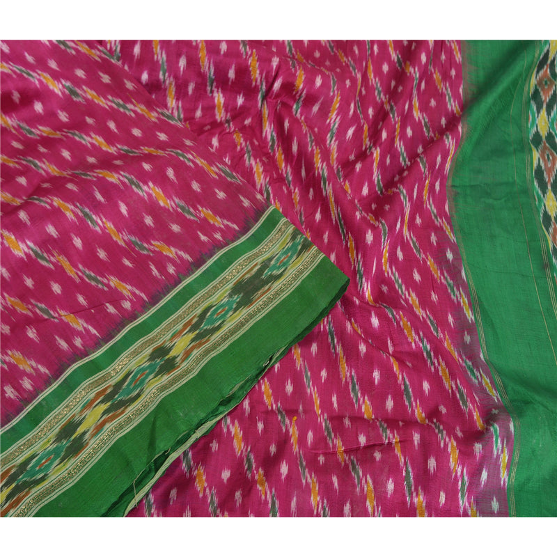 Sanskriti Vintage Pochampally Ikat Silk Saree Fabric: Handwoven Pink & Green 5yd upholstery fabric
