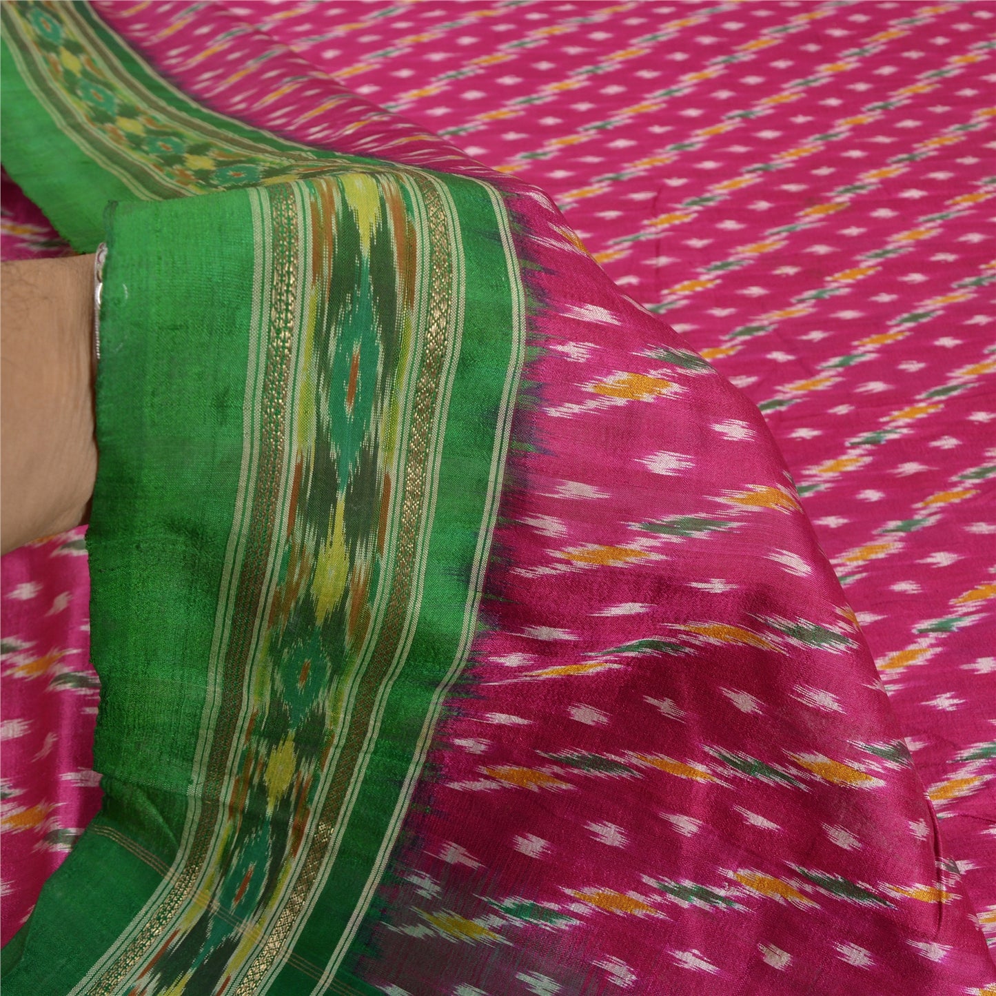 Sanskriti Vintage Saree Pink Pochampally Hand Woven Ikat Pure Silk Sari Fabric