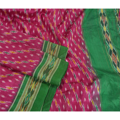 Sanskriti Vintage Saree Pink Pochampally Hand Woven Ikat Pure Silk Sari Fabric