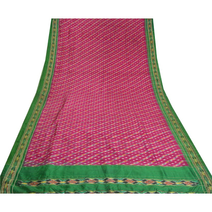 Sanskriti Vintage Saree Pink Pochampally Hand Woven Ikat Pure Silk Sari Fabric