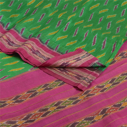 Sanskriti Vintage Saree Pochampally Green Hand Woven Ikat Pure Silk Sari Fabric