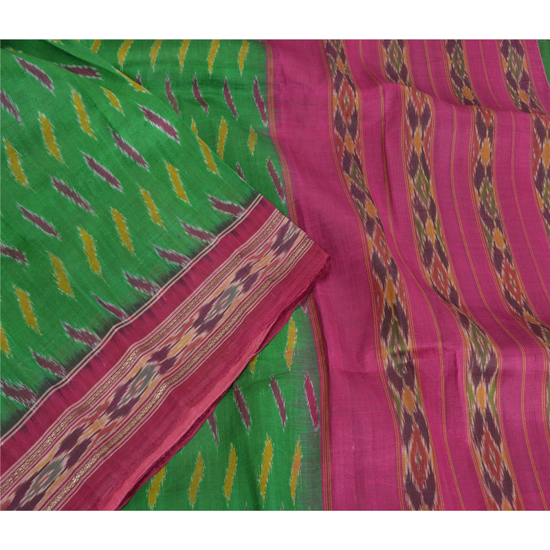 Sanskriti Vintage Handwoven Ikat Silk Saree Fabric: Vintage Pochampally Green & Pink 5yd upholstery fabric