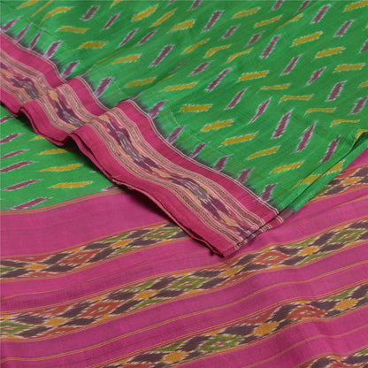 Sanskriti Vintage Saree Pochampally Green Hand Woven Ikat Pure Silk Sari Fabric