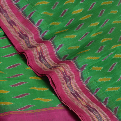 Sanskriti Vintage Saree Pochampally Green Hand Woven Ikat Pure Silk Sari Fabric