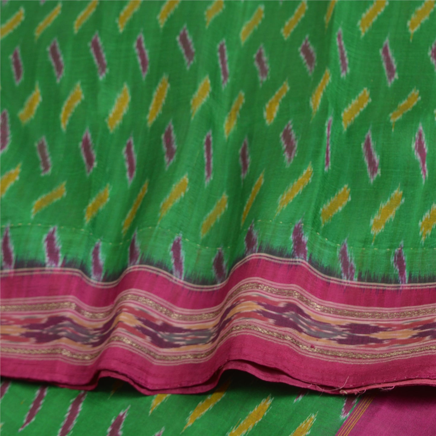 Sanskriti Vintage Saree Pochampally Green Hand Woven Ikat Pure Silk Sari Fabric