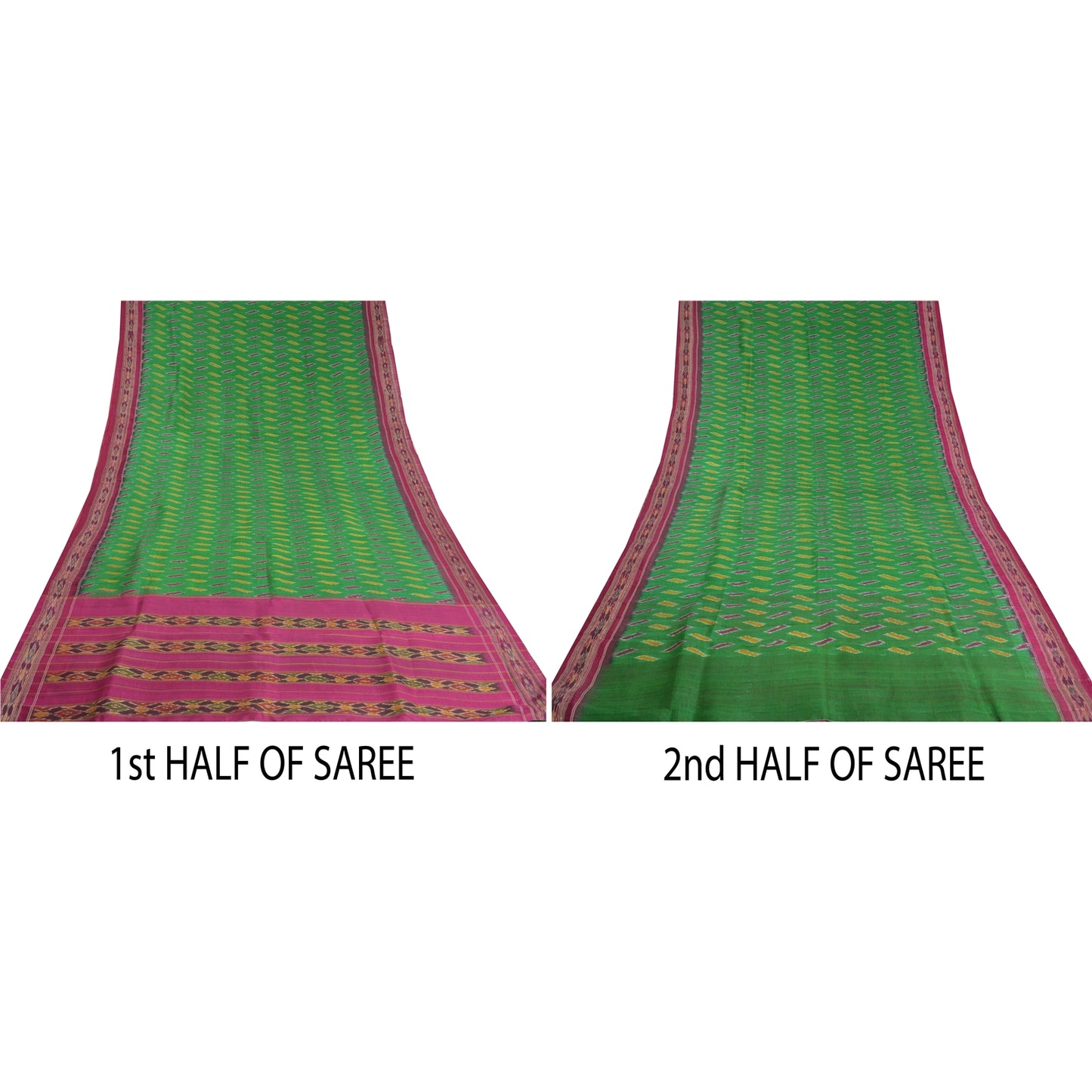 Sanskriti Vintage Saree Pochampally Green Hand Woven Ikat Pure Silk Sari Fabric