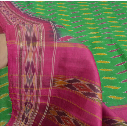 Sanskriti Vintage Saree Pochampally Green Hand Woven Ikat Pure Silk Sari Fabric