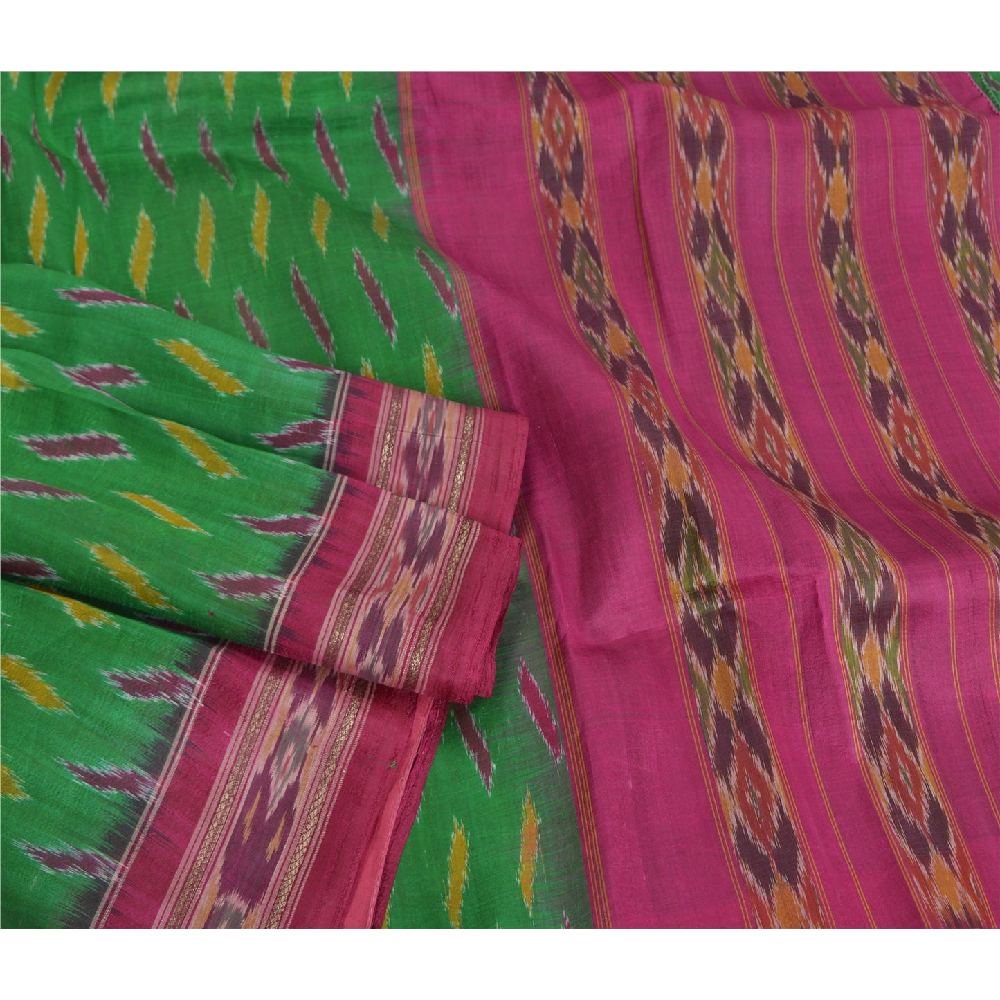 Sanskriti Vintage Saree Pochampally Green Hand Woven Ikat Pure Silk Sari Fabric