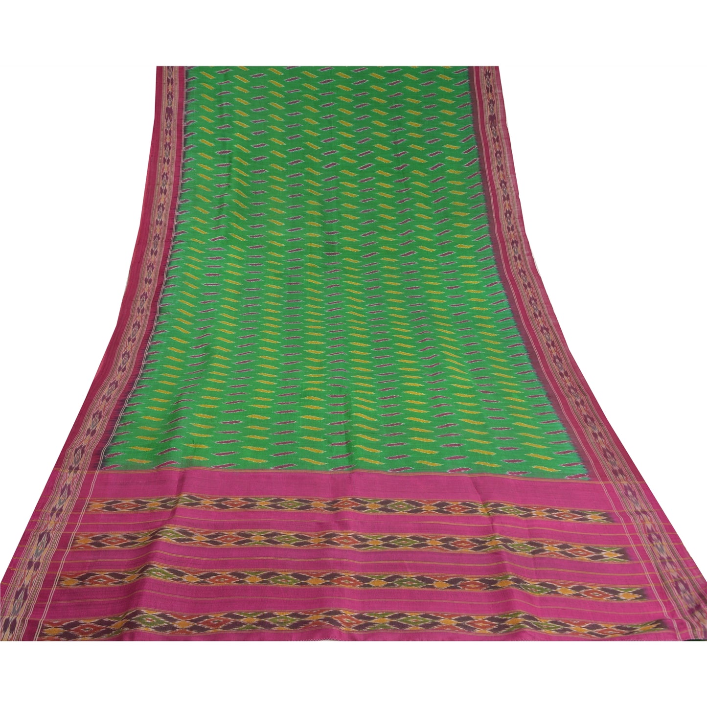 Sanskriti Vintage Saree Pochampally Green Hand Woven Ikat Pure Silk Sari Fabric