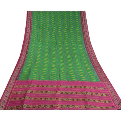 Sanskriti Vintage Saree Pochampally Green Hand Woven Ikat Pure Silk Sari Fabric