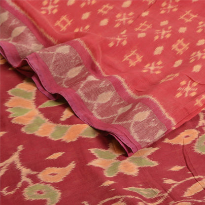 Sanskriti Vintage Saree Red Sambhalpuri Hand Woven Ikat Cotton Silk 5YD Sari