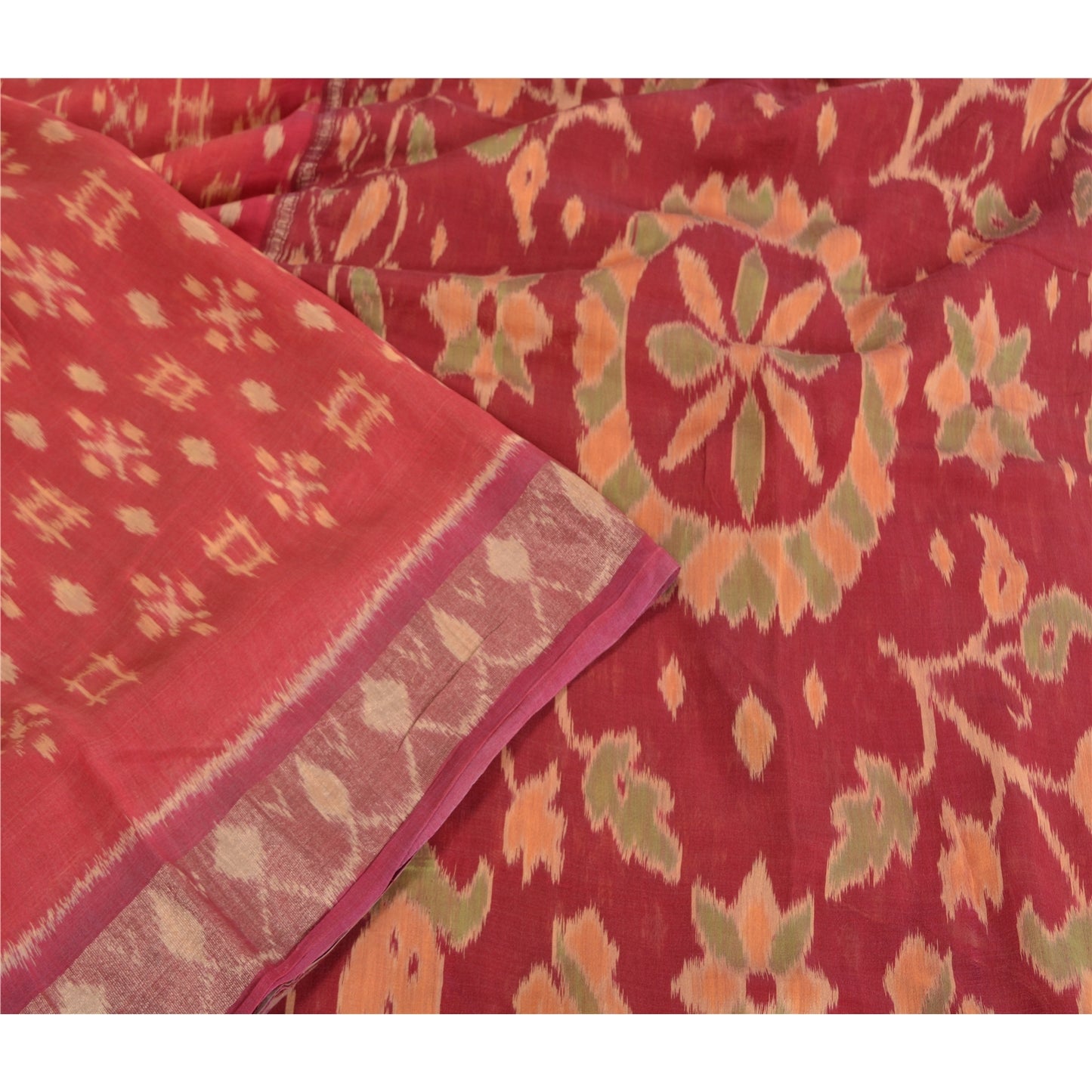 Sanskriti Vintage Saree Red Sambhalpuri Hand Woven Ikat Cotton Silk 5YD Sari