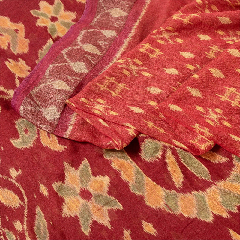 Sanskriti Vintage Saree Red Sambhalpuri Hand Woven Ikat Cotton Silk 5YD Sari