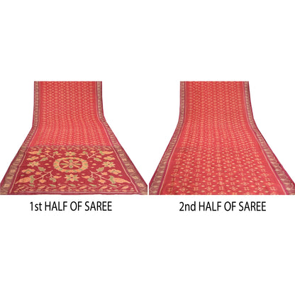 Sanskriti Vintage Saree Red Sambhalpuri Hand Woven Ikat Cotton Silk 5YD Sari