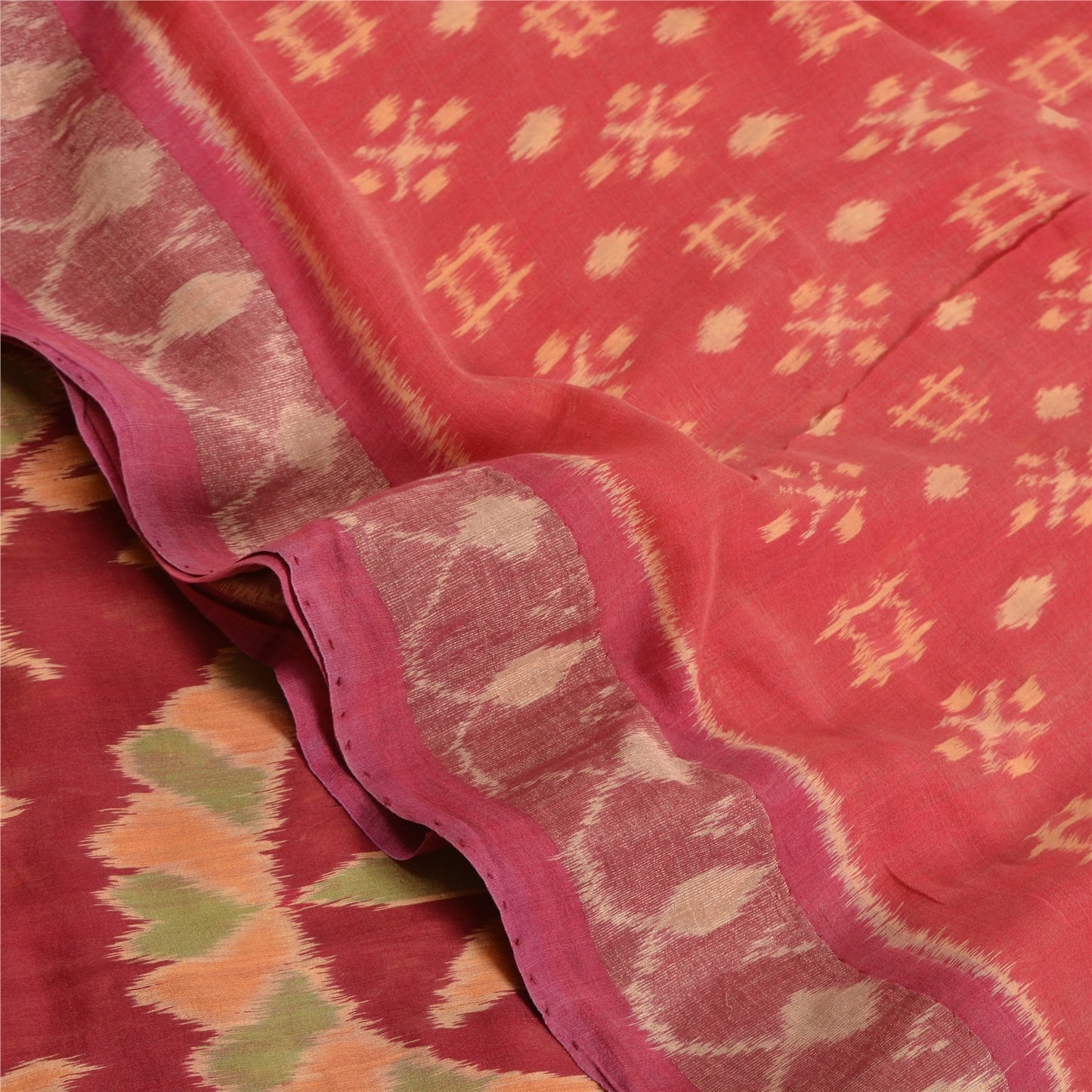 Sanskriti Vintage Saree Red Sambhalpuri Hand Woven Ikat Cotton Silk 5YD Sari