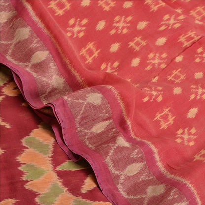 Sanskriti Vintage Saree Red Sambhalpuri Hand Woven Ikat Cotton Silk 5YD Sari