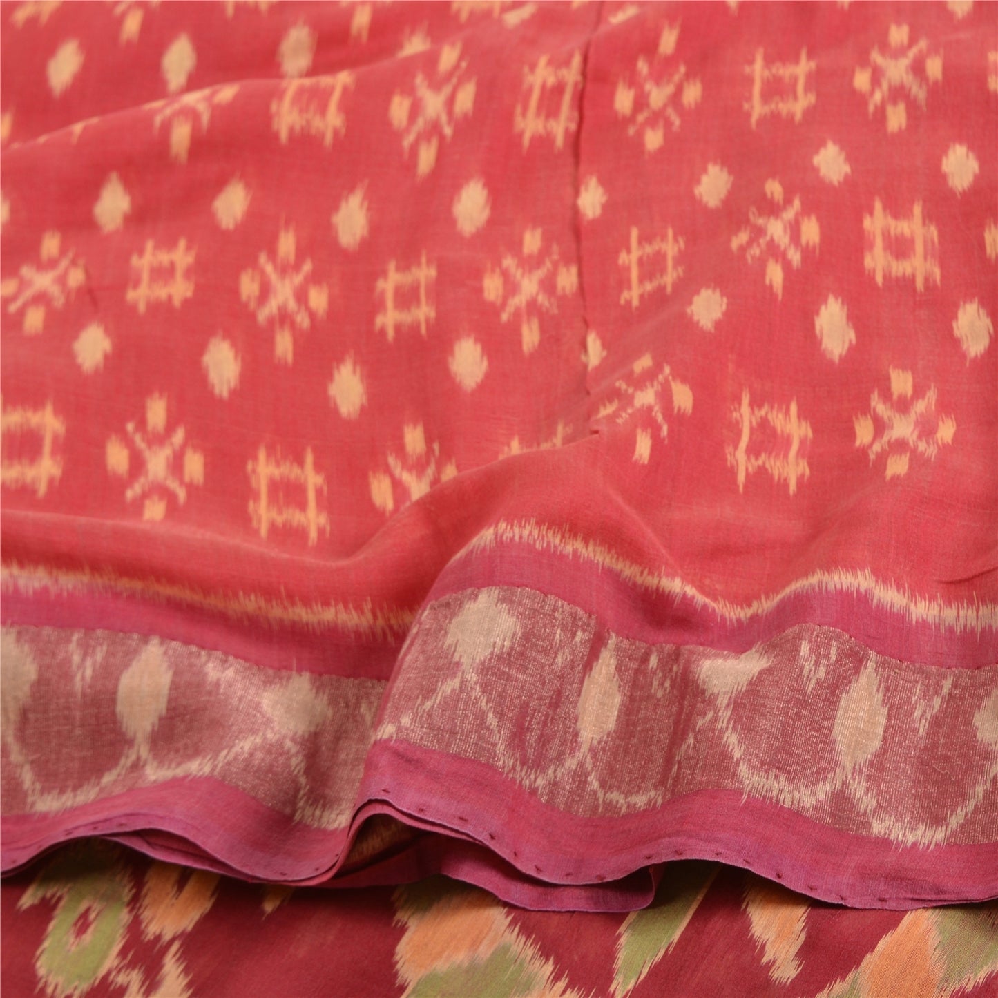 Sanskriti Vintage Saree Red Sambhalpuri Hand Woven Ikat Cotton Silk 5YD Sari