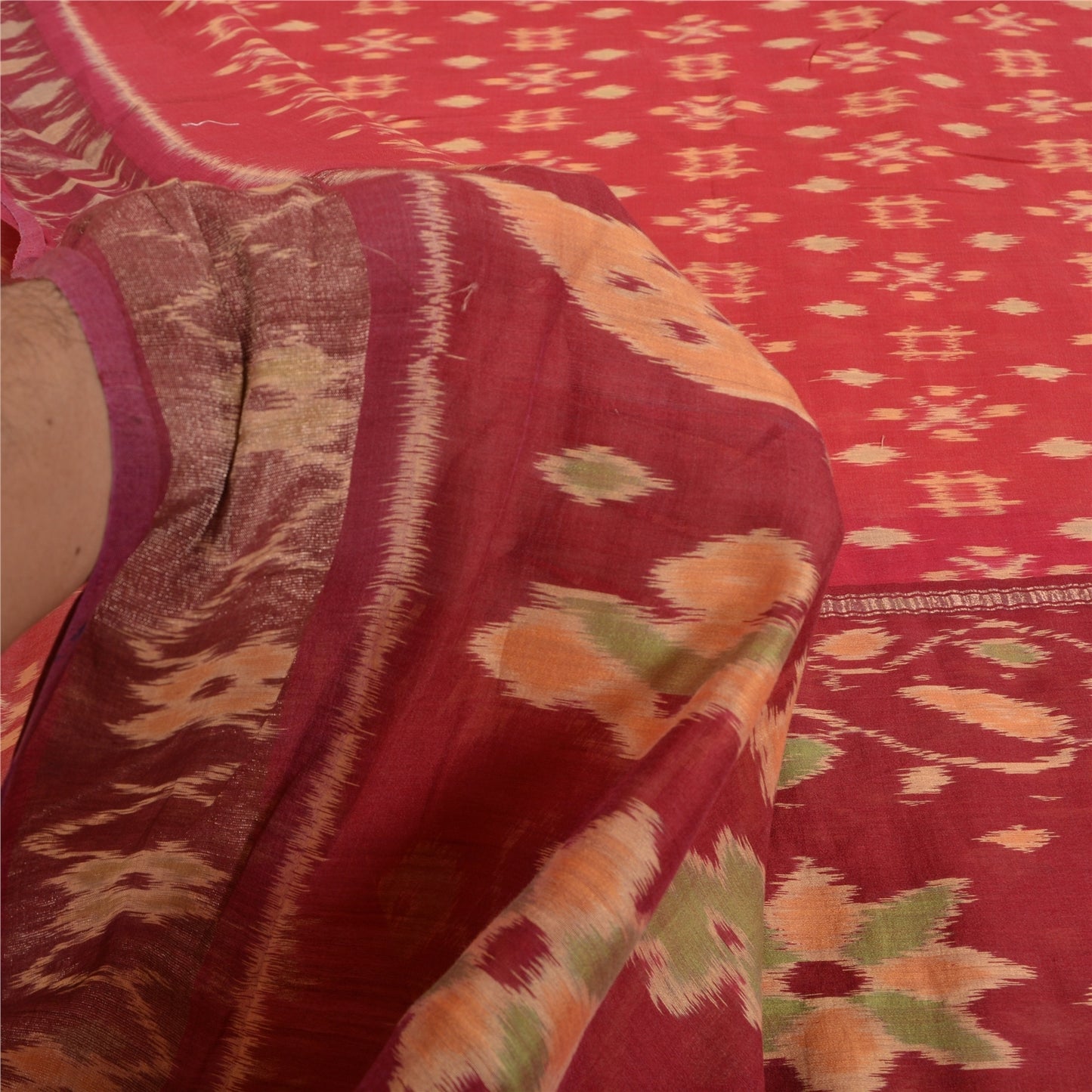 Sanskriti Vintage Saree Red Sambhalpuri Hand Woven Ikat Cotton Silk 5YD Sari