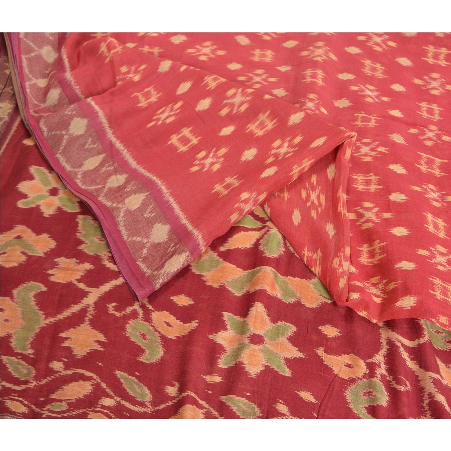 Sanskriti Vintage Saree Red Sambhalpuri Hand Woven Ikat Cotton Silk 5YD Sari