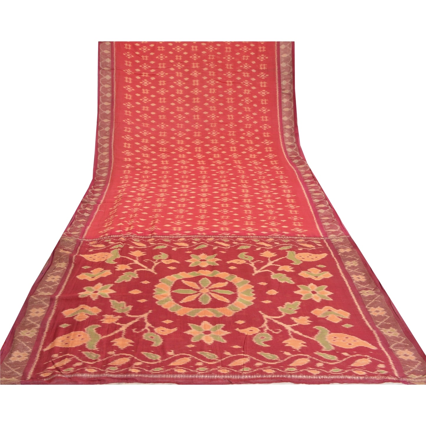 Sanskriti Vintage Saree Red Sambhalpuri Hand Woven Ikat Cotton Silk 5YD Sari