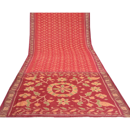 Sanskriti Vintage Saree Red Sambhalpuri Hand Woven Ikat Cotton Silk 5YD Sari