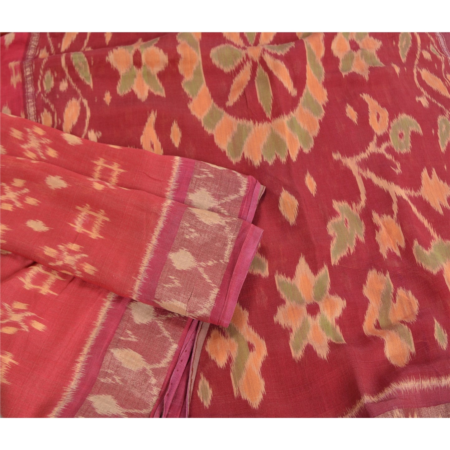 Sanskriti Vintage Saree Red Sambhalpuri Hand Woven Ikat Cotton Silk 5YD Sari