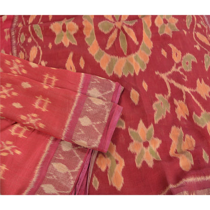 Sanskriti Vintage Saree Red Sambhalpuri Hand Woven Ikat Cotton Silk 5YD Sari