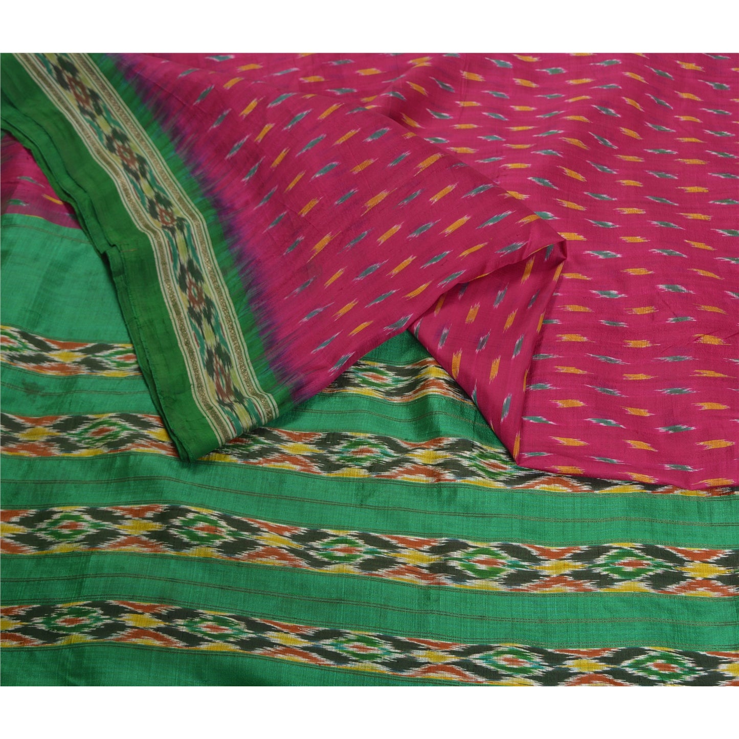 Sanskriti Vintage Saree Pink Pochampally Hand Woven Ikat Pure Silk Sari Fabric