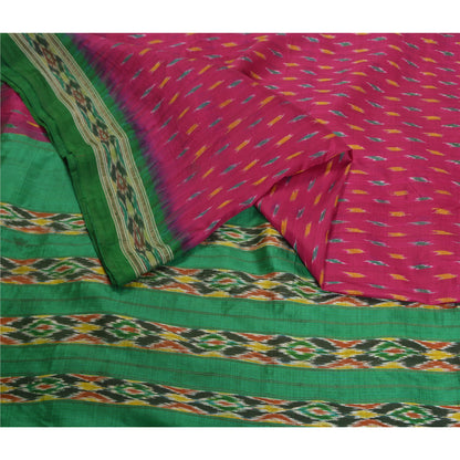 Sanskriti Vintage Saree Pink Pochampally Hand Woven Ikat Pure Silk Sari Fabric
