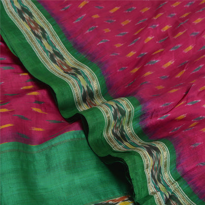 Sanskriti Vintage Saree Pink Pochampally Hand Woven Ikat Pure Silk Sari Fabric