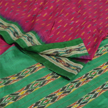 Sanskriti Vintage Saree Pink Pochampally Hand Woven Ikat Pure Silk Sari Fabric